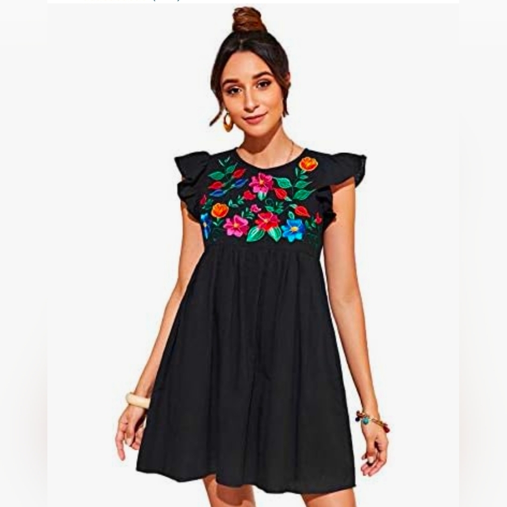 Floerns Boho Summer Floral Embroidery Black LG Dress Ruffle Sleeve Round Neck